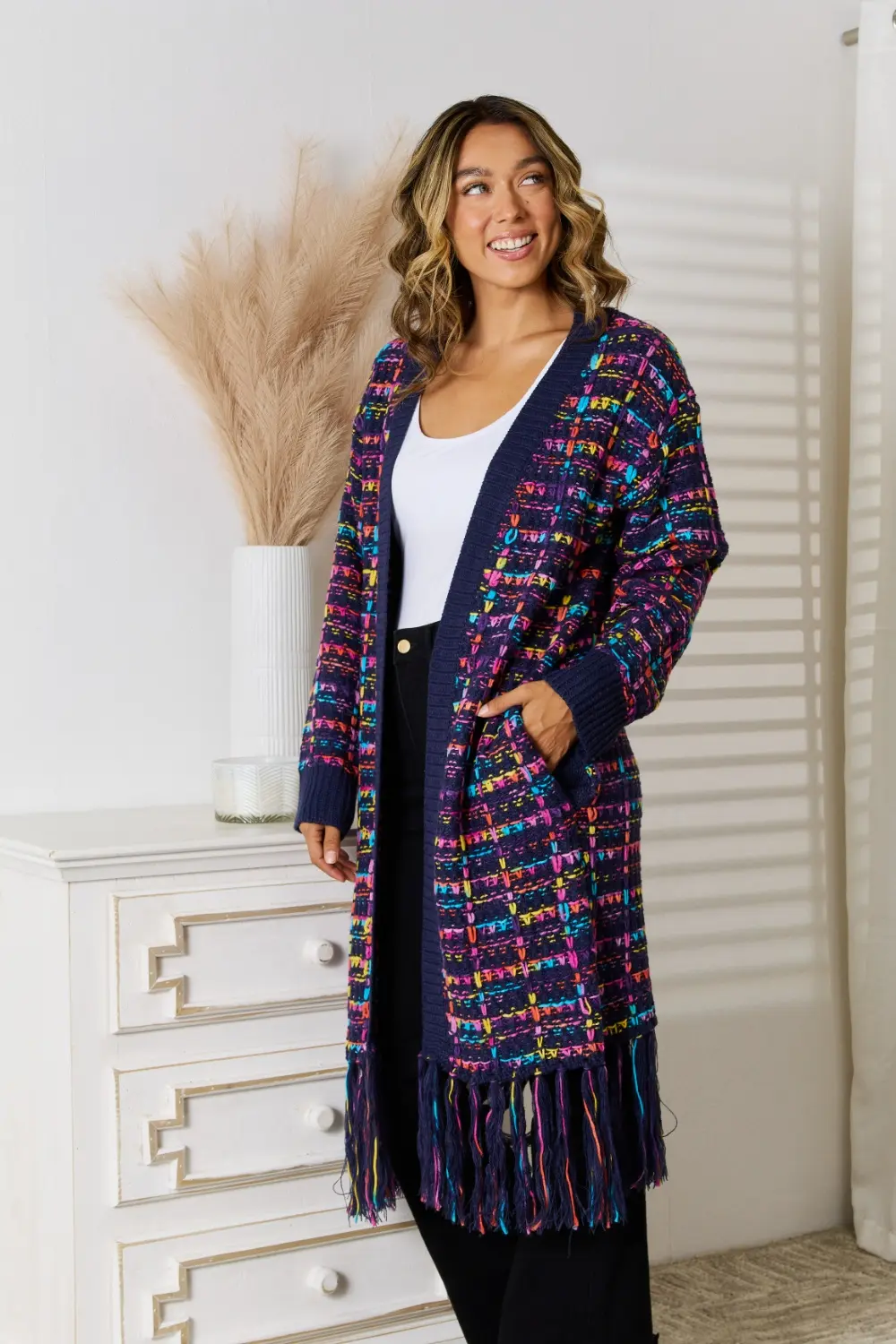 Fringe Hem Open Front Cardigan, image 3