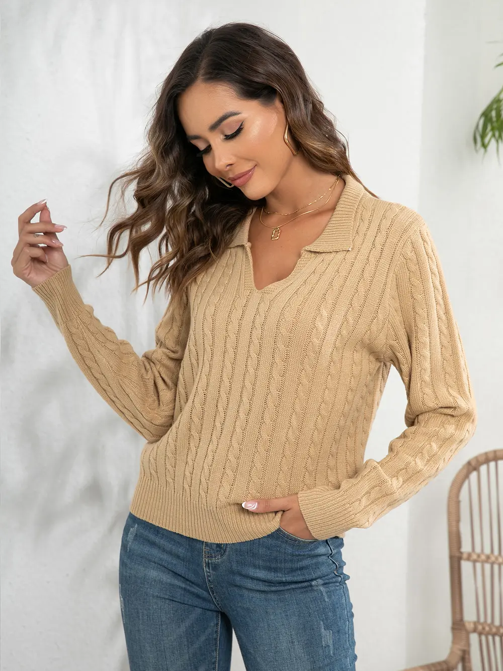 Johnny Collar Cable-Knit Long Sleeve Sweater, image 5