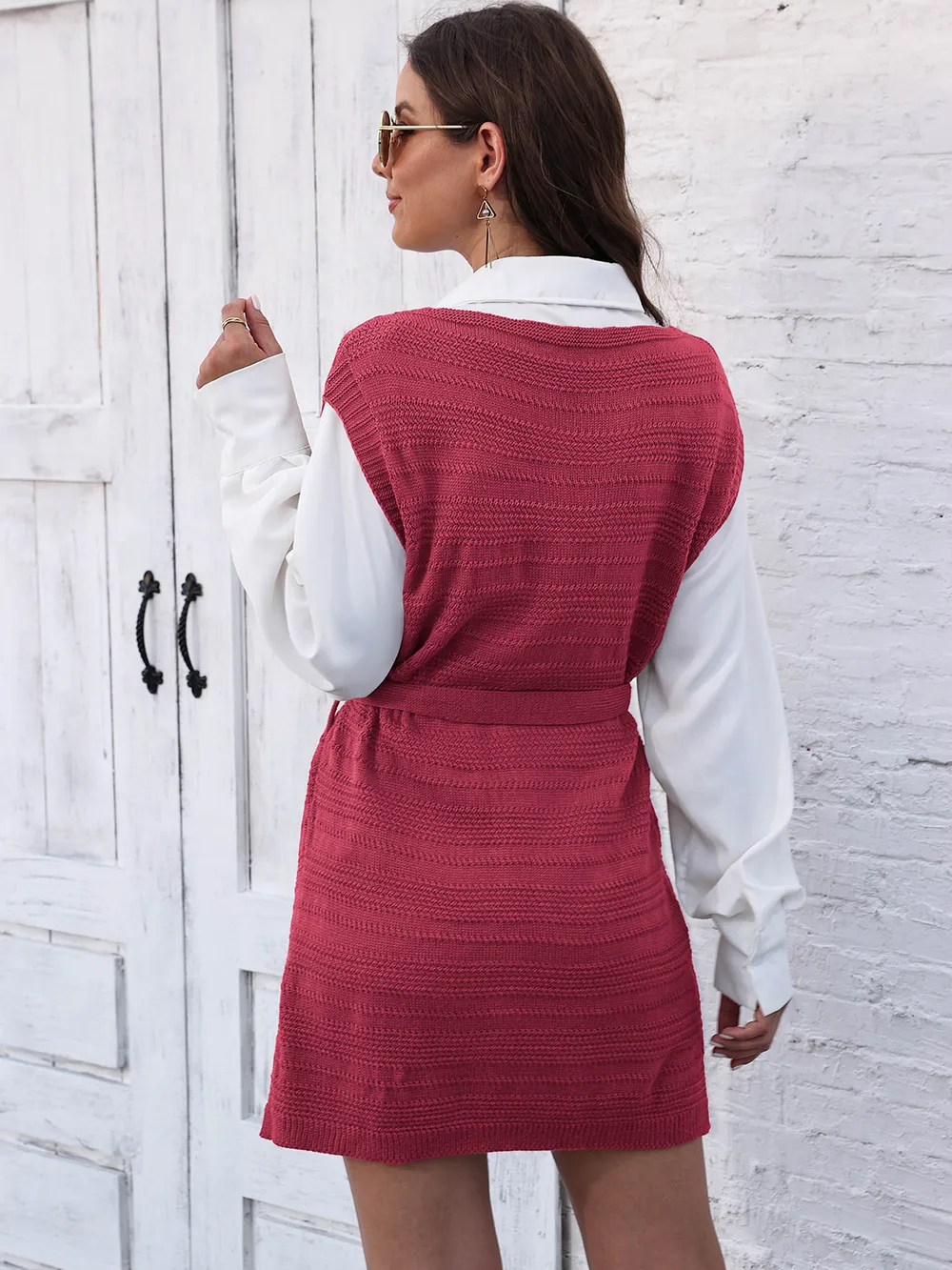 Tie Front V-Neck Sleeveless Slit Sweater Dress, image 19