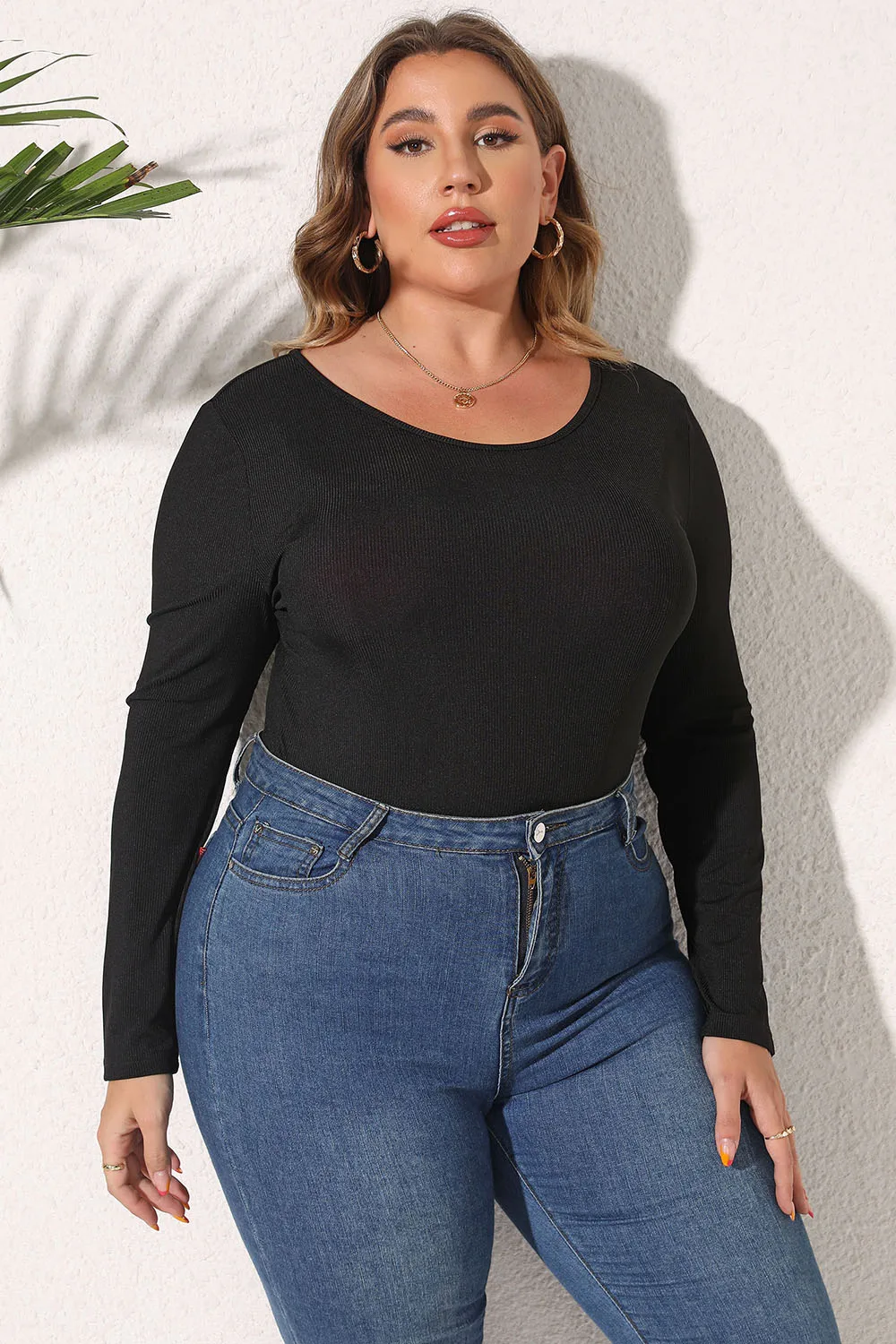 Plus Size Round Neck Long Sleeve Bodysuit, image 4