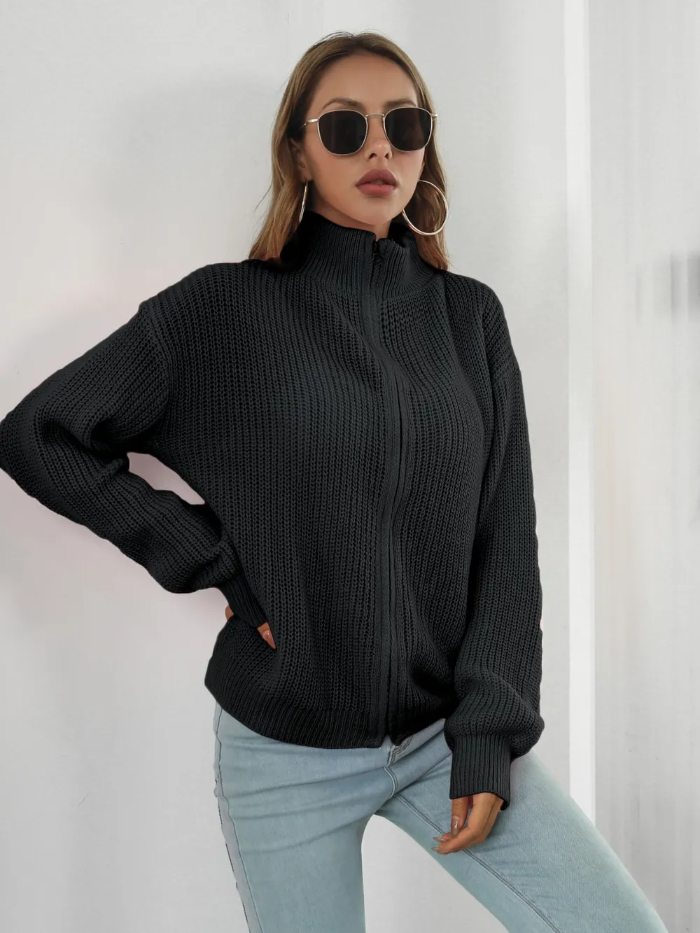 Turtleneck Zip Up Long Sleeve Knit Top, image 10