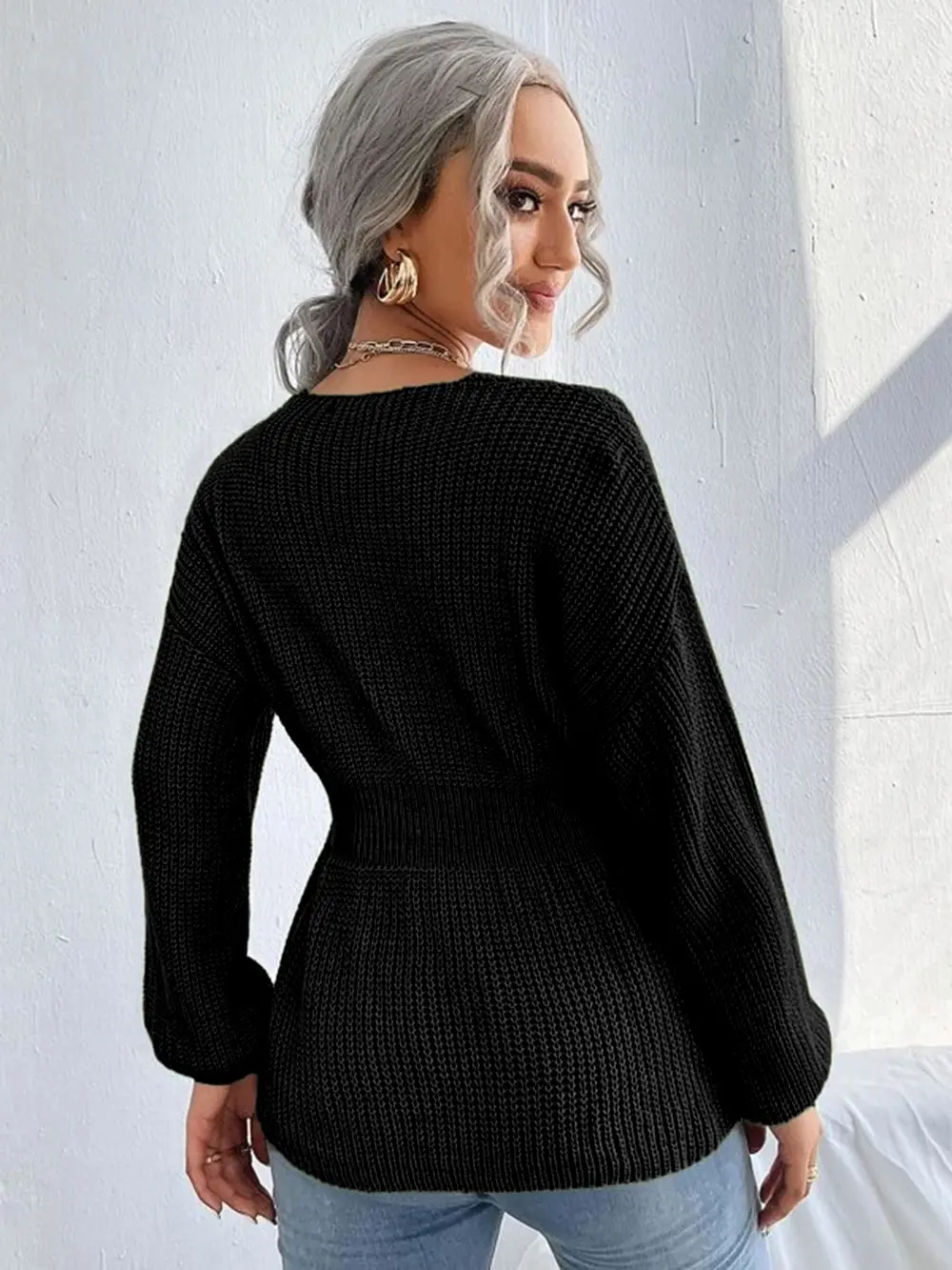 Notched Dropped Shoulder Knit Top, image 5