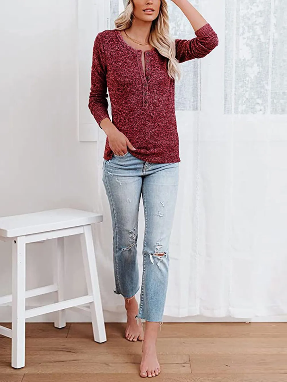 Round Neck Buttoned Long Sleeve T-Shirt, image 7