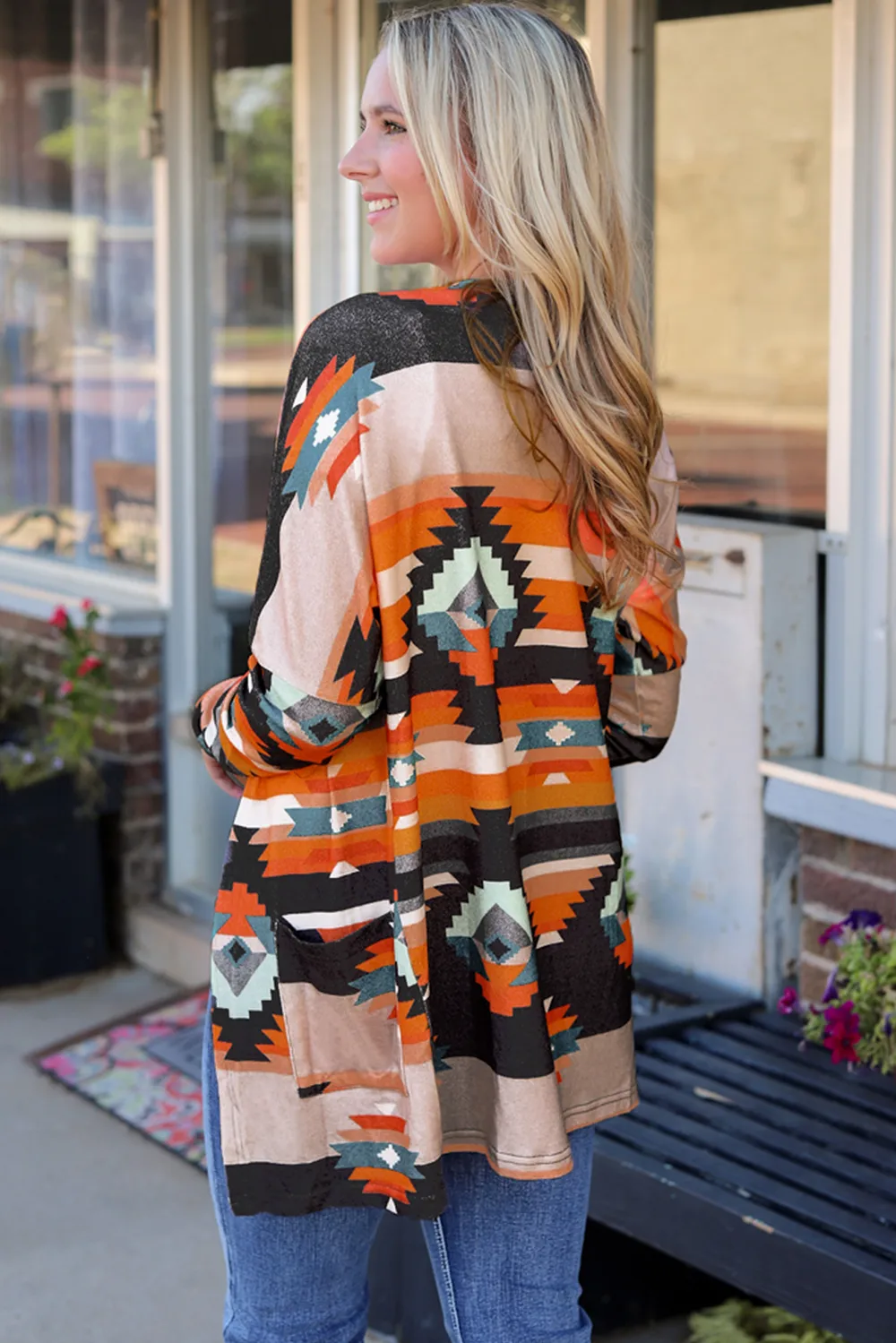 Geometric Open Front Long Sleeve Cardigan with Pockets, image 3