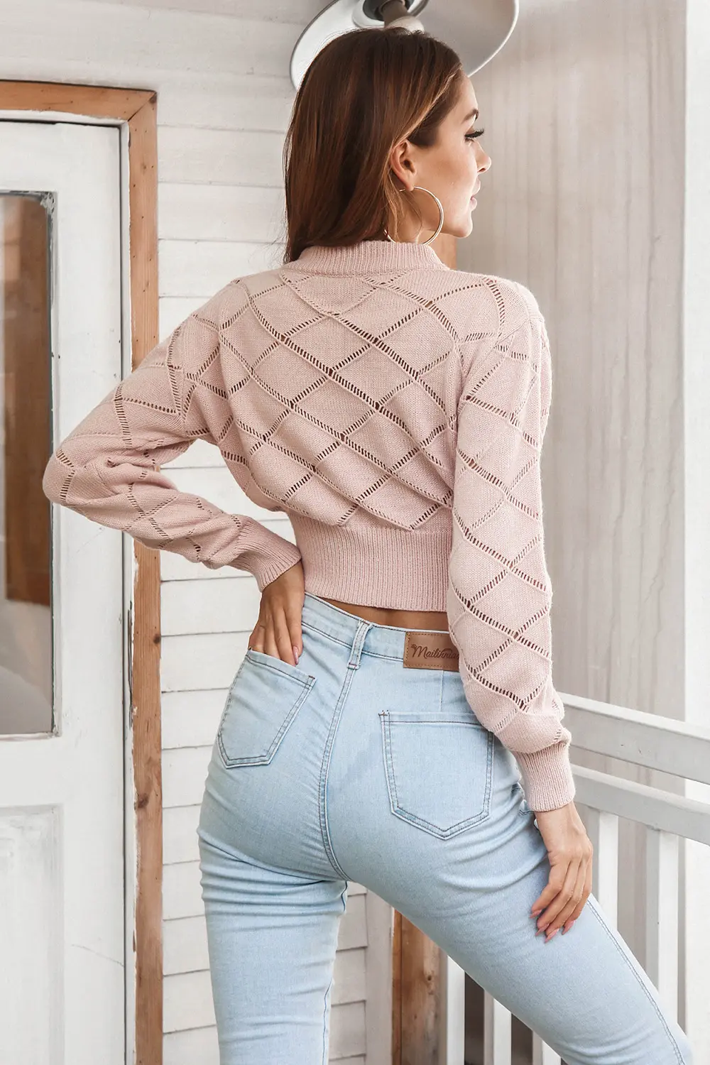 Openwork Plaid Round Neck Cropped Sweater, image 12