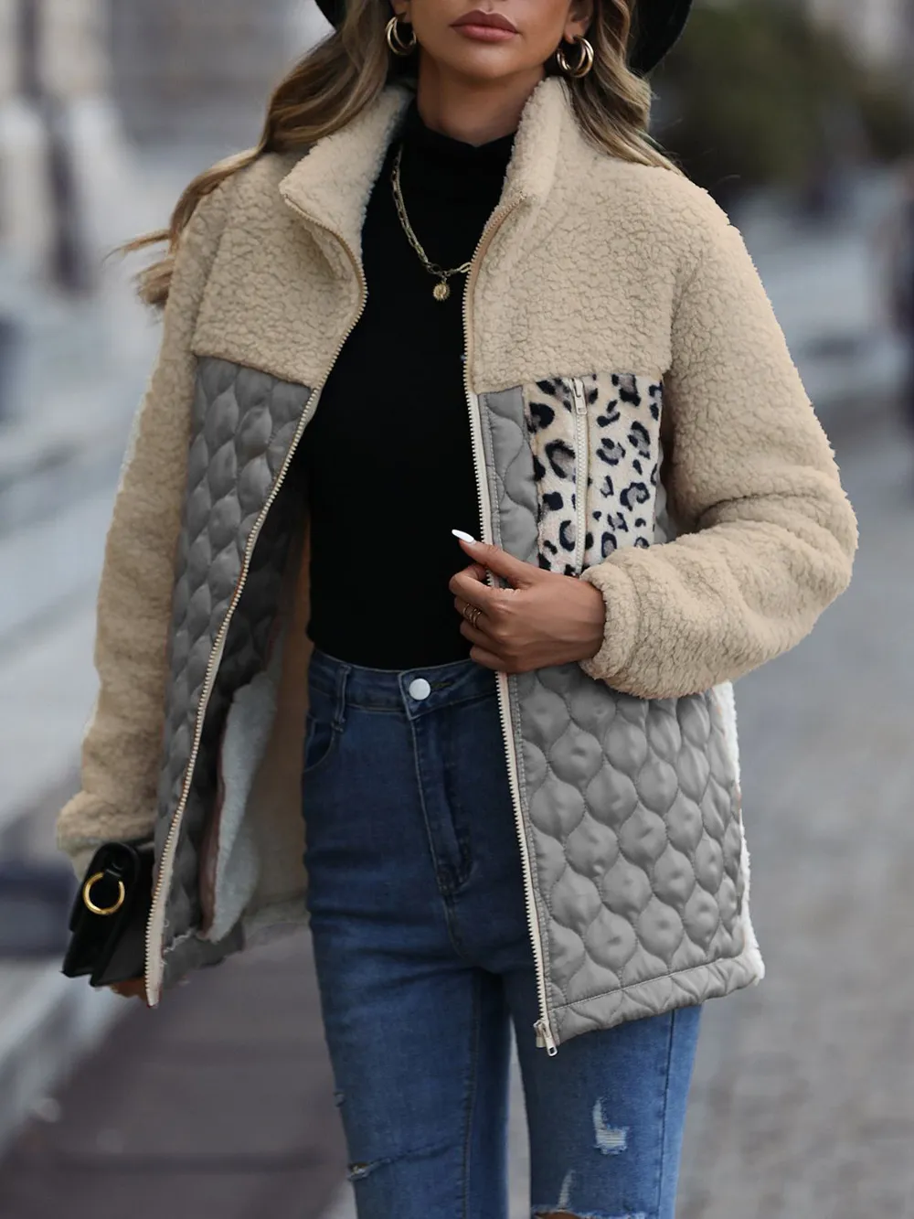 Leopard Color Block Zip-Up Jacket, image 15