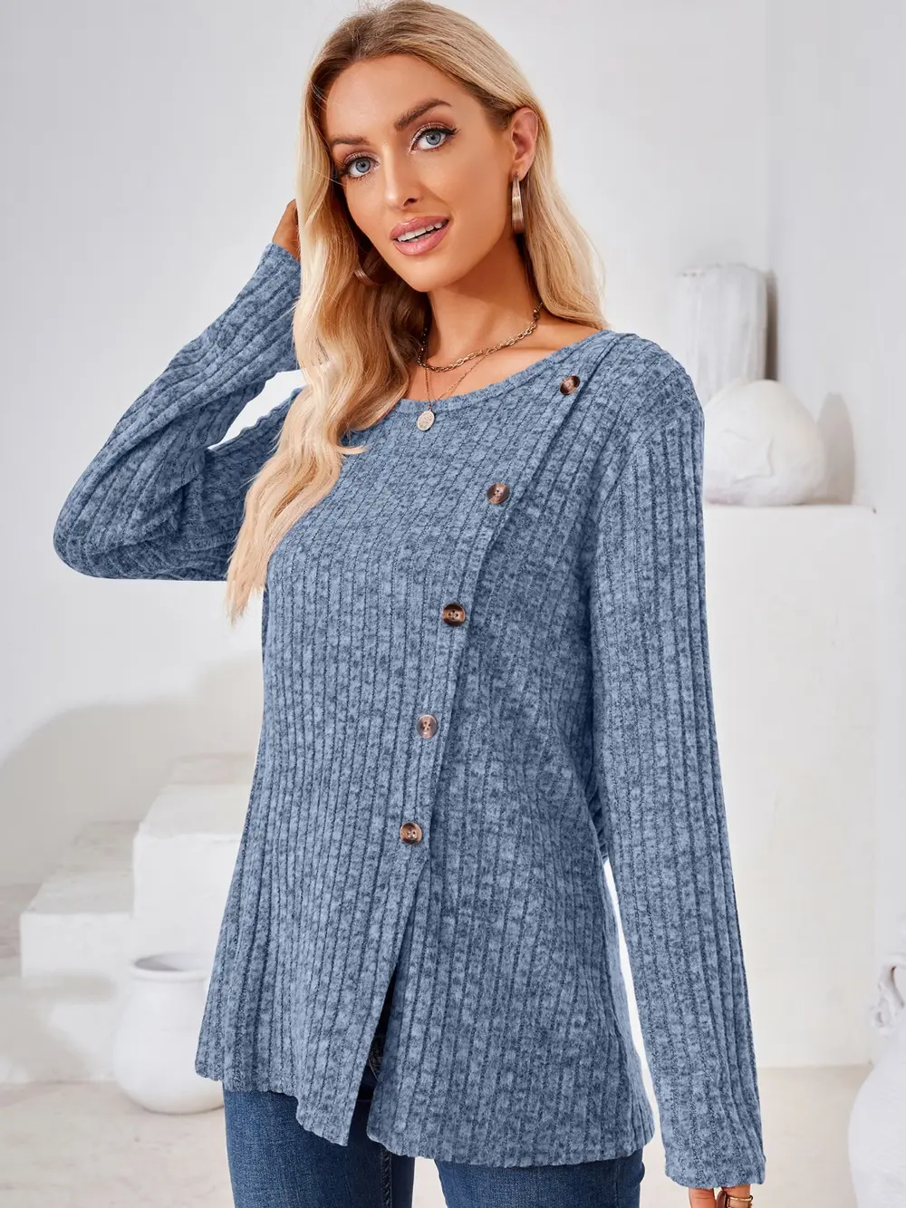 Ribbed Buttoned Round Neck Slit T-Shirt, image 7