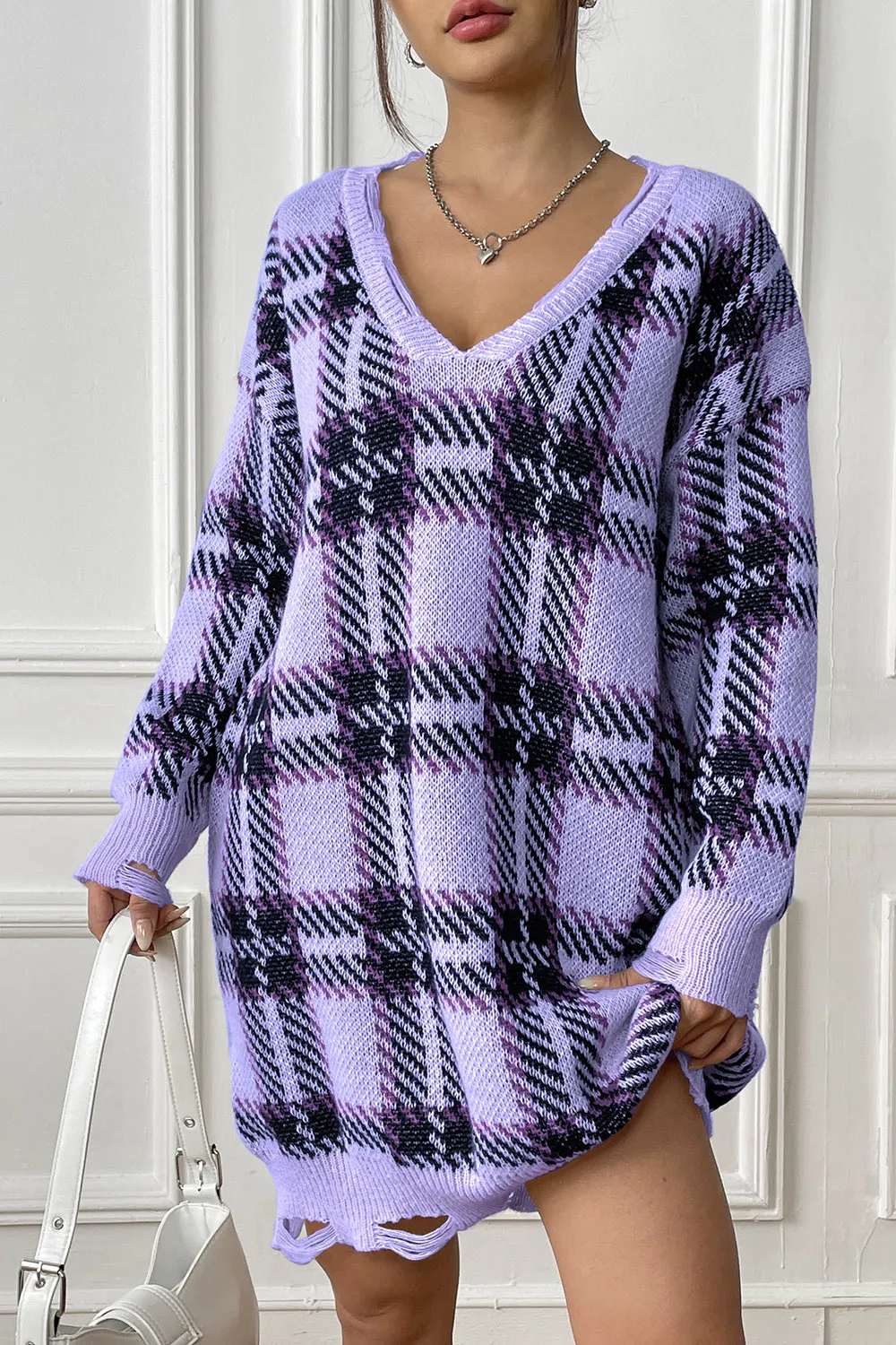 Plaid V-Neck Long Sleeve Sweater Dress, image 4