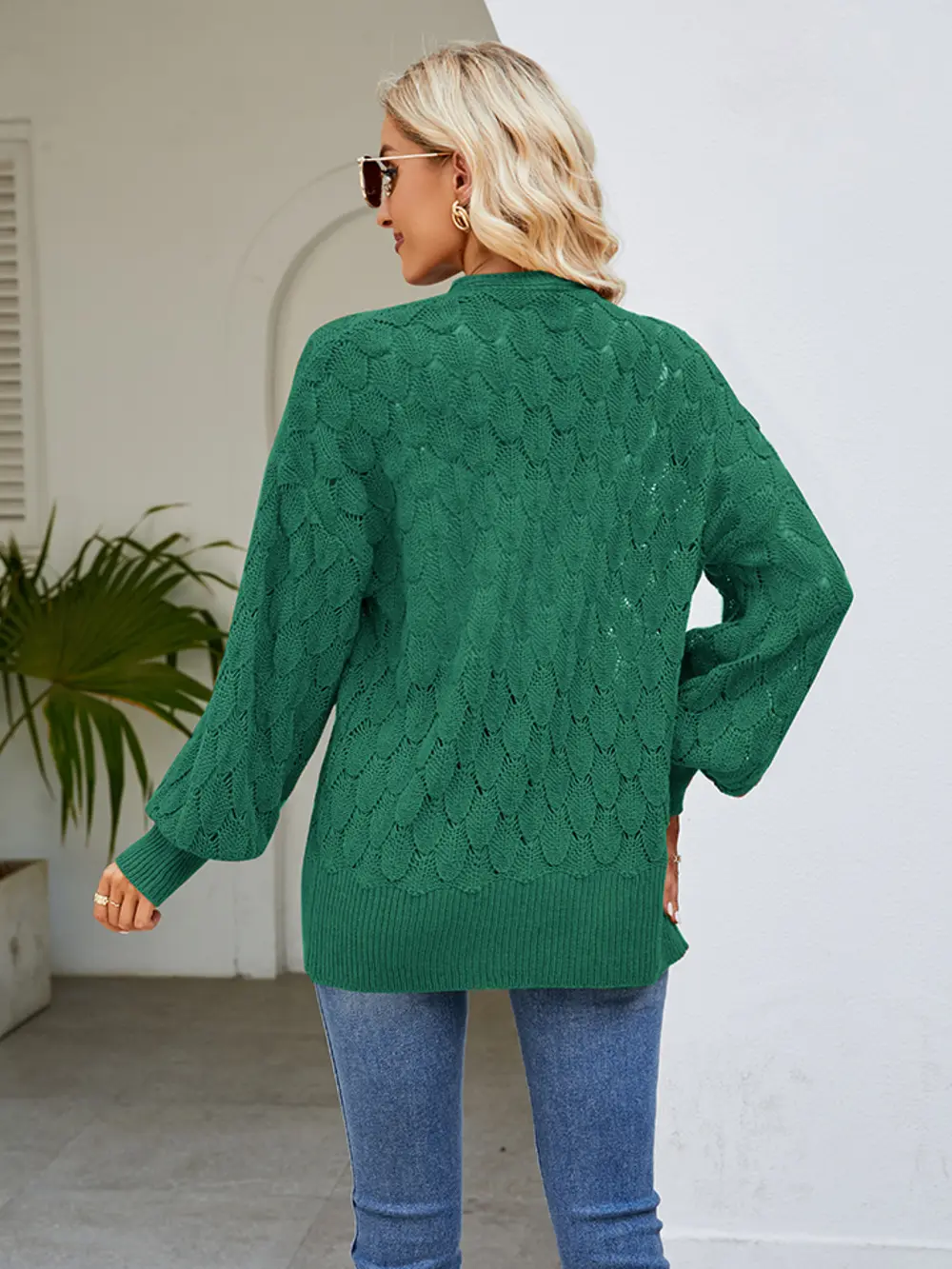 Openwork Open Front Lantern Sleeve Cardigan, image 10