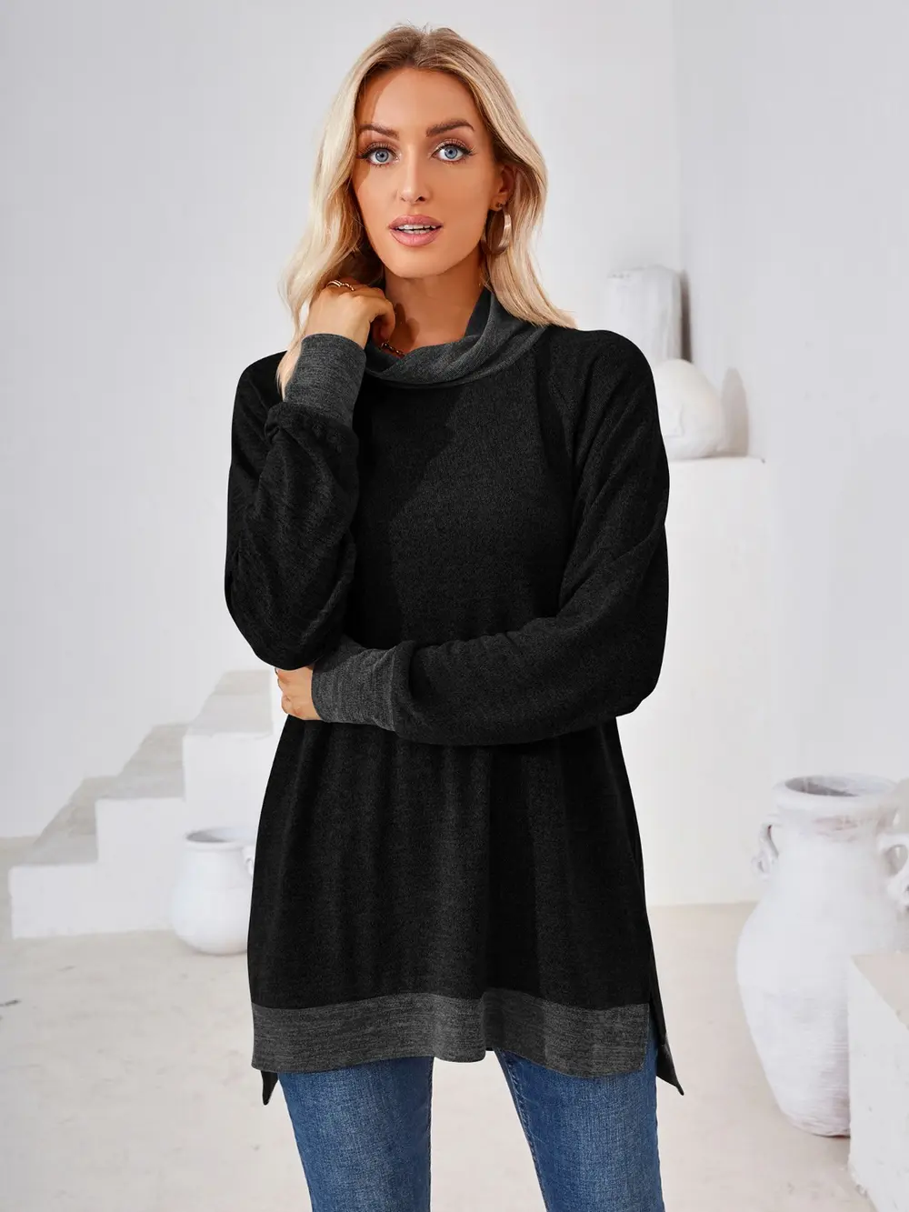 Contrast Mock Neck Long Sleeve T-Shirt, image 9
