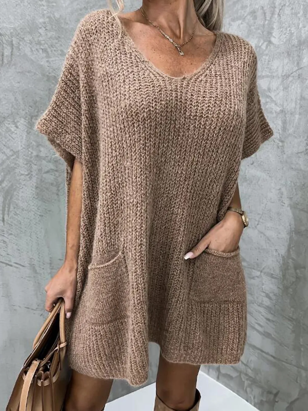 Short Sleeve Sweater Dress with Pockets, image 2