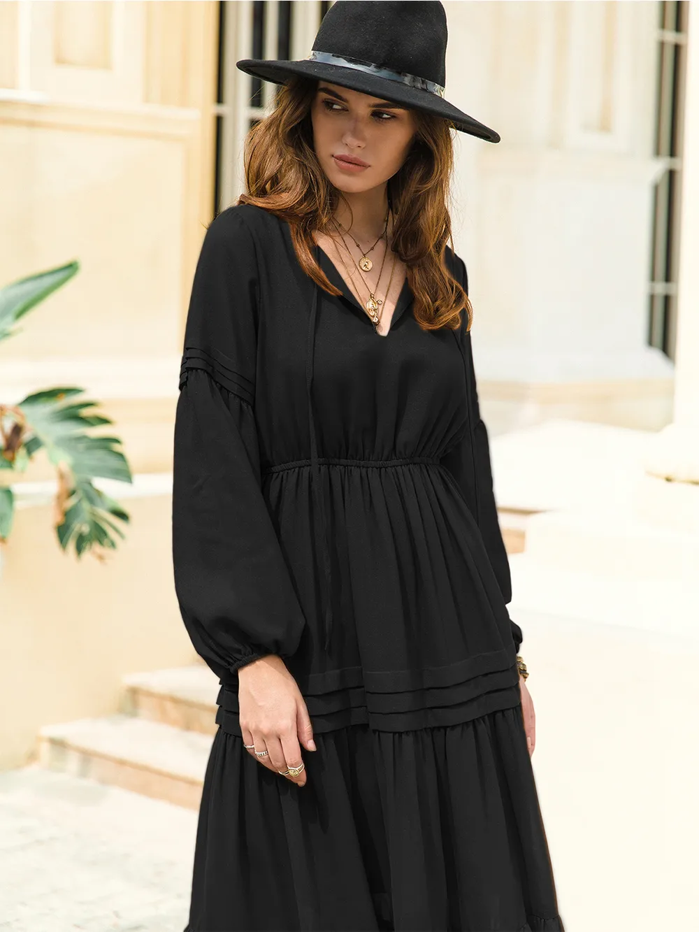 Tie Neck Long Sleeve Midi Tiered Dress, image 18