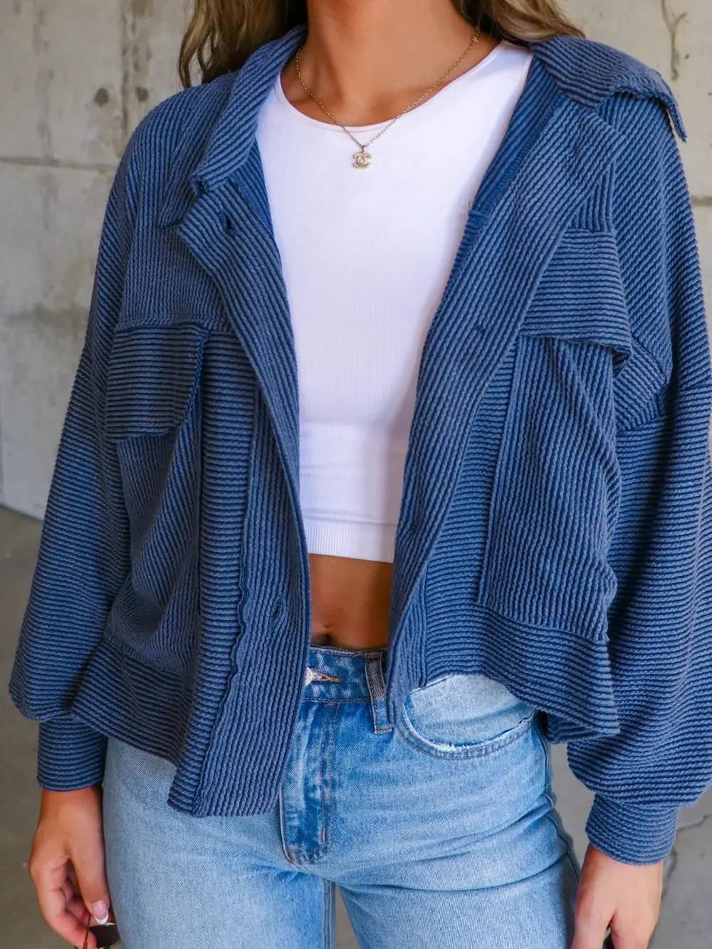 Ribbed Collared Neck Button Up Jacket, image 2