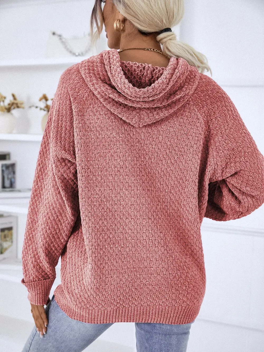 Texture Drawstring Long Sleeve Hooded Sweater, image 11