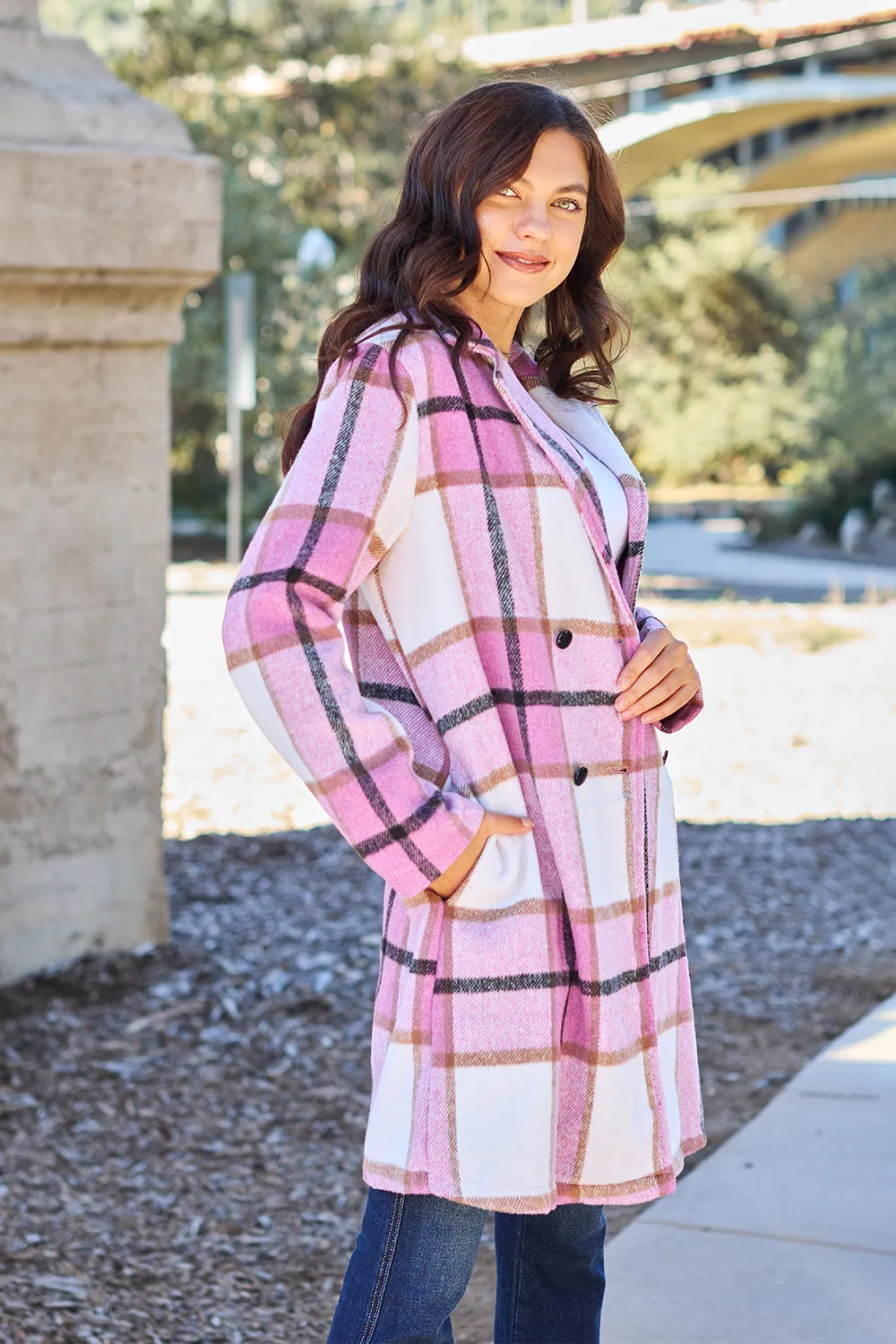 Full Size Plaid Button Up Lapel Collar Coat, image 19