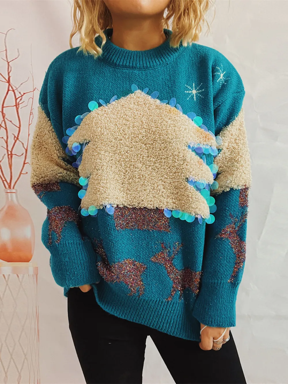 Sequin Christmas Tree & Reindeer Round Neck Sweater, image 2