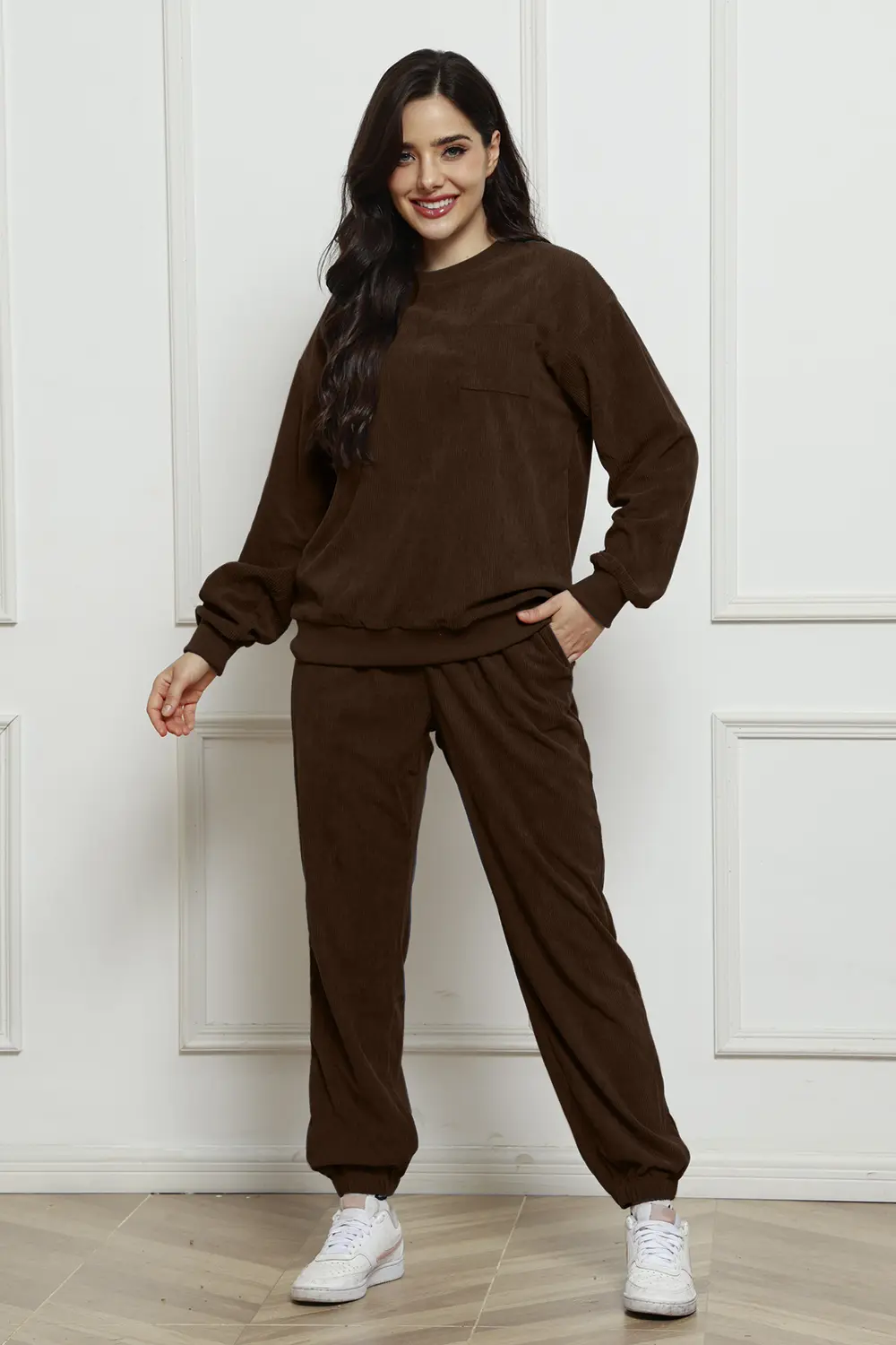Corduroy Round Neck Sweatshirt and Sweatpants Set, image 8