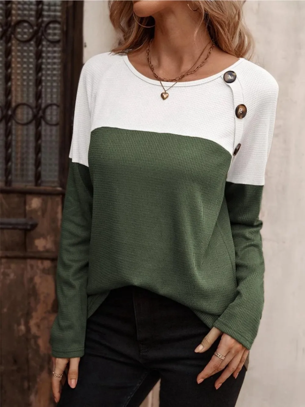 Contrast Round Neck Long Sleeve T-Shirt, image 2