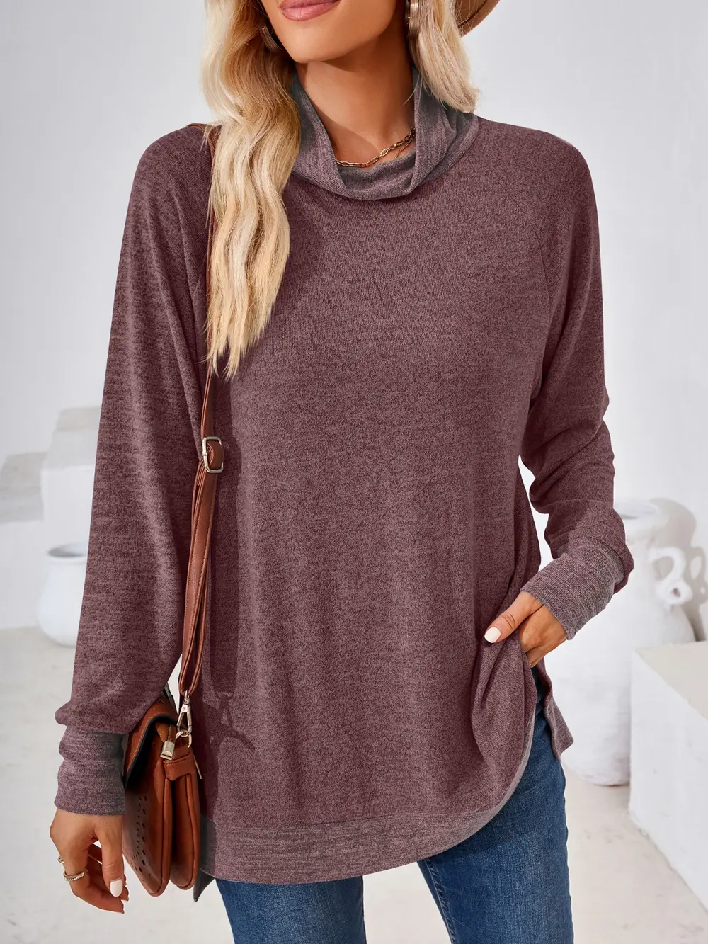 Contrast Mock Neck Long Sleeve T-Shirt, image 33