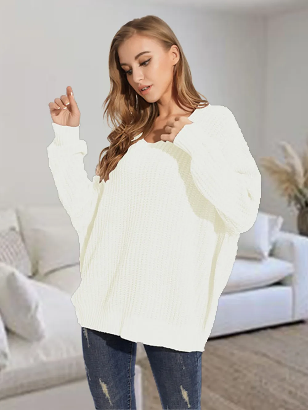 V-Neck Batwing Dropped Shoulder Sweater, image 8