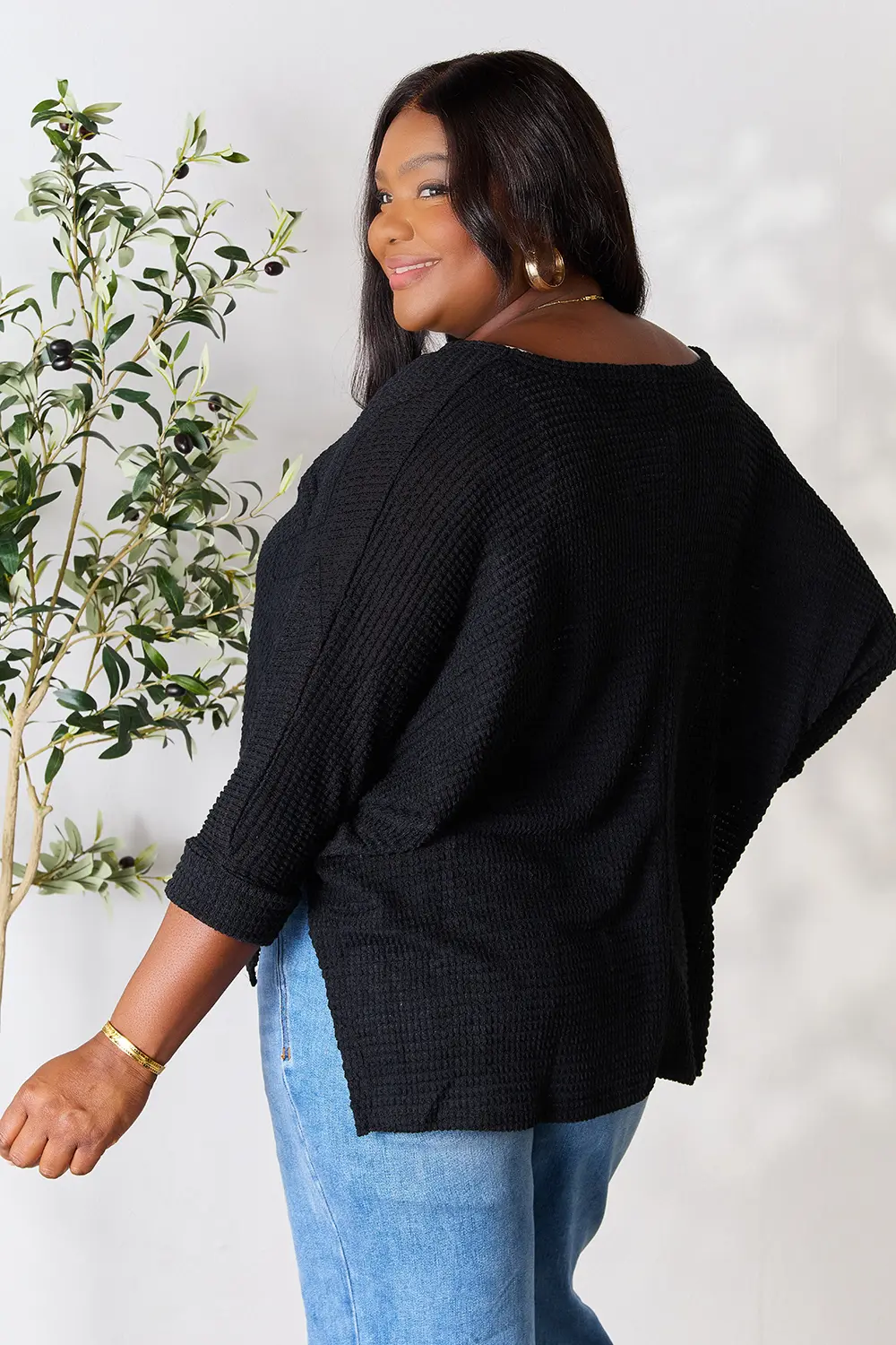 Full Size Round Neck High-Low Slit Knit Top, image 6