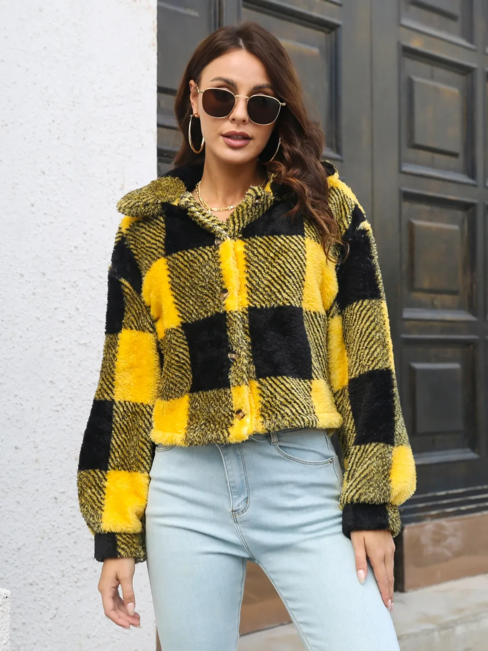 Plaid Dropped Shoulder Buttoned Jacket, image 5