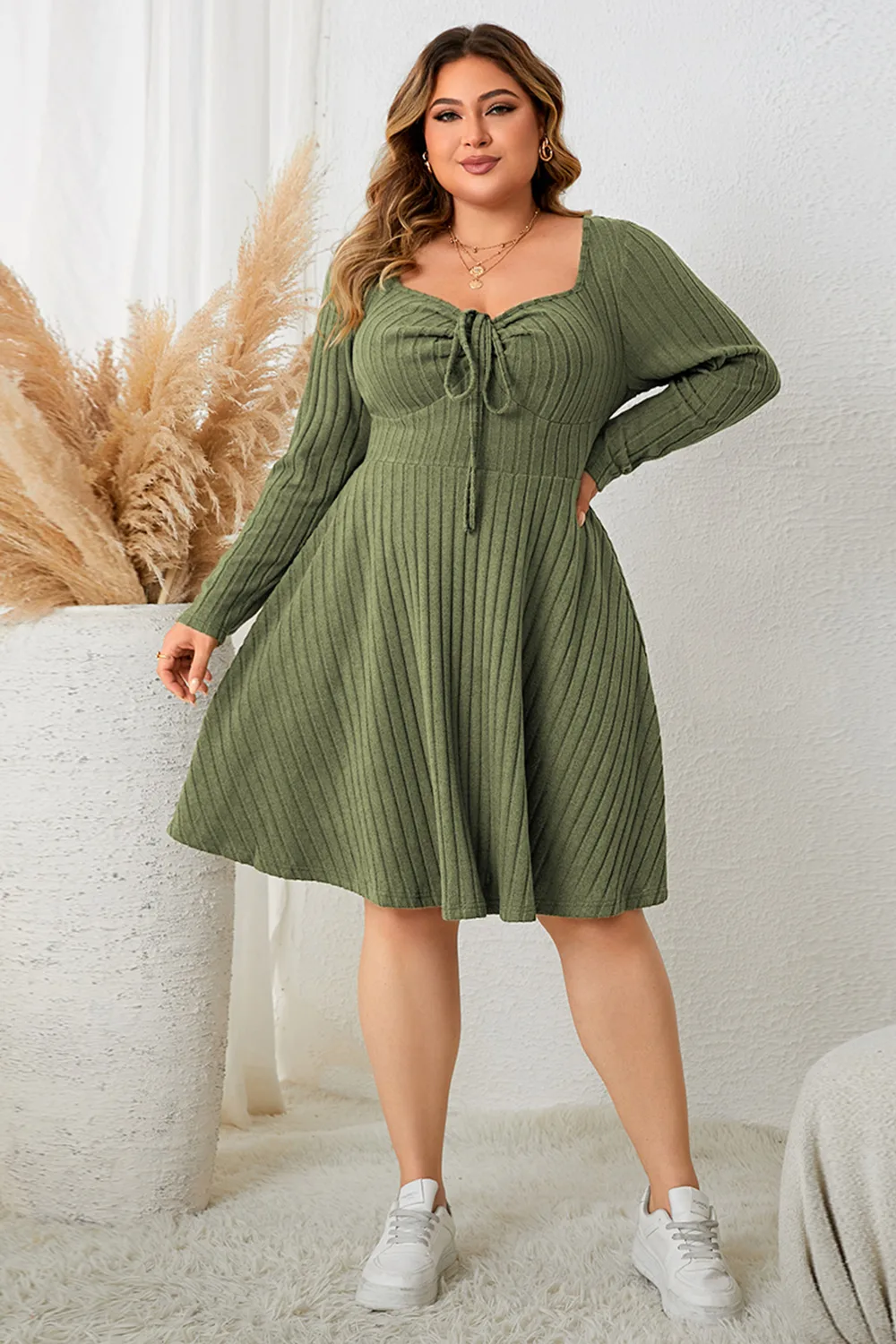 Plus Size Sweetheart Neck Long Sleeve Ribbed Dress, image 5