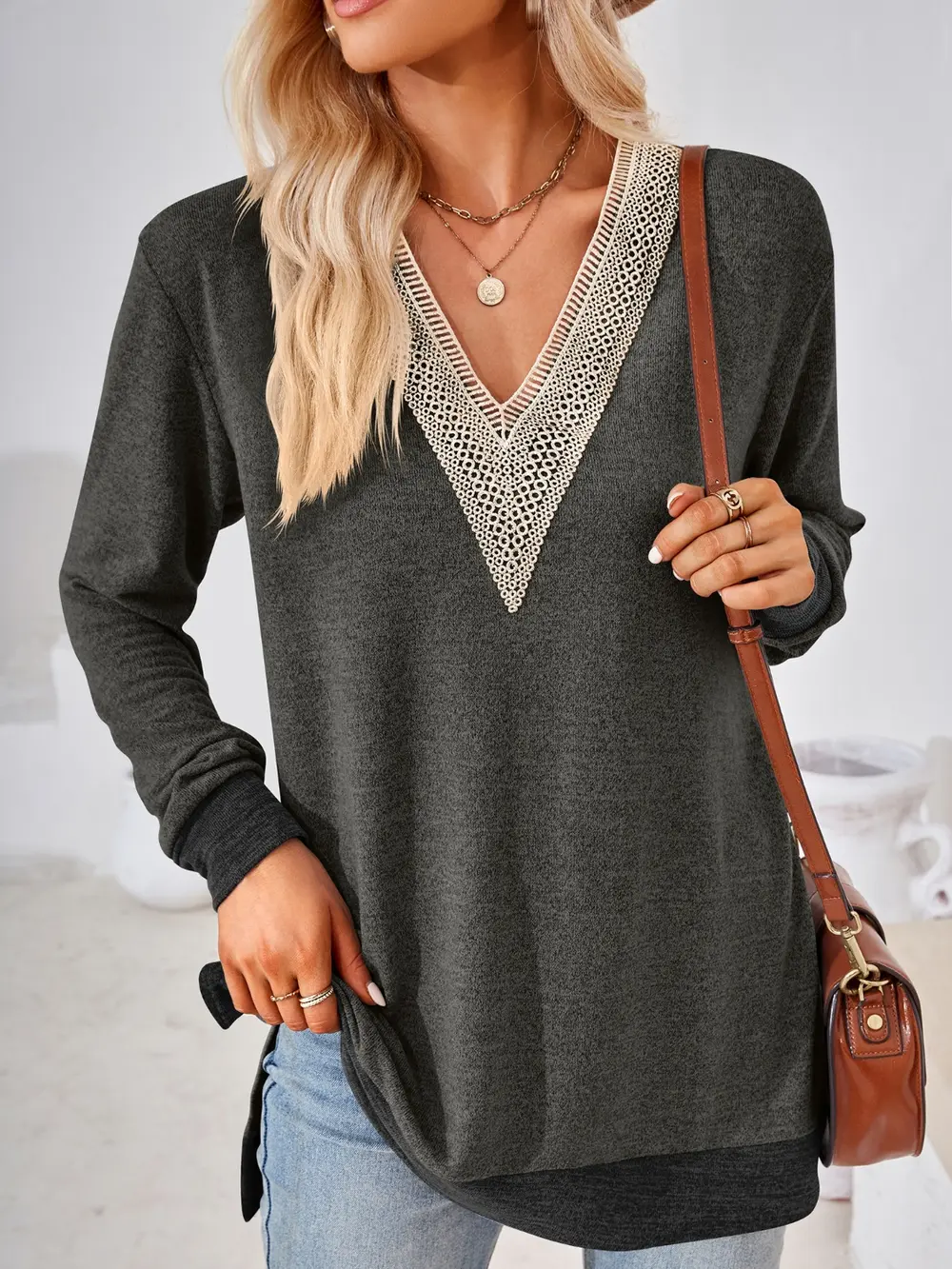 Crochet Contrast V-Neck Long Sleeve Slit T-Shirt, image 24