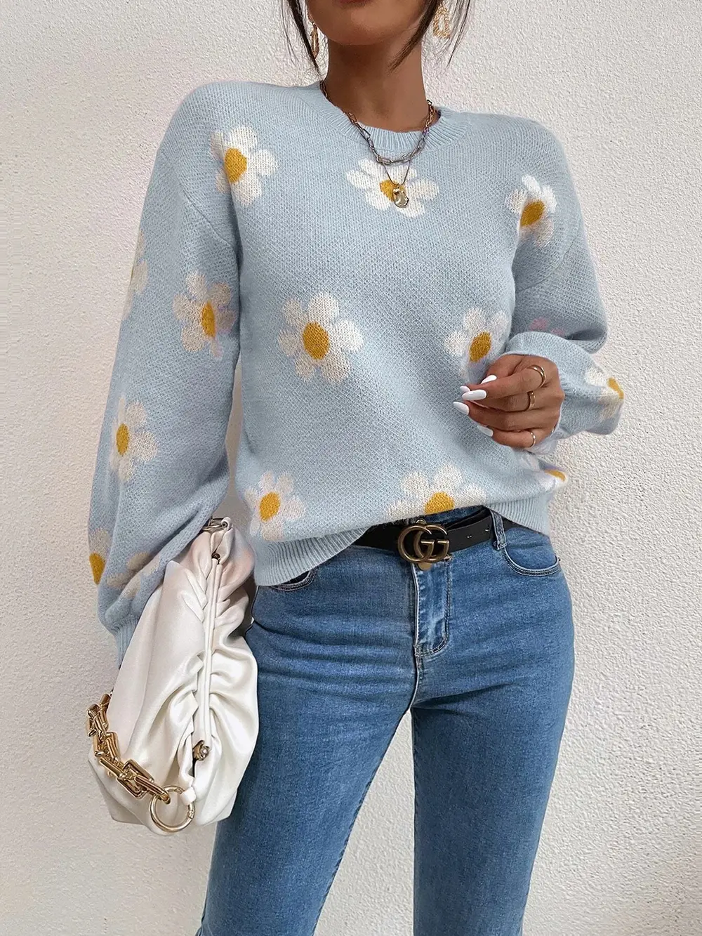 Flower Round Neck Latern Sleeve Sweater, image 12