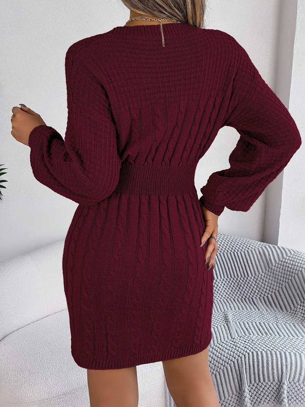 Cable-Knit Cutout Round Neck Slit Sweater Dress, image 8