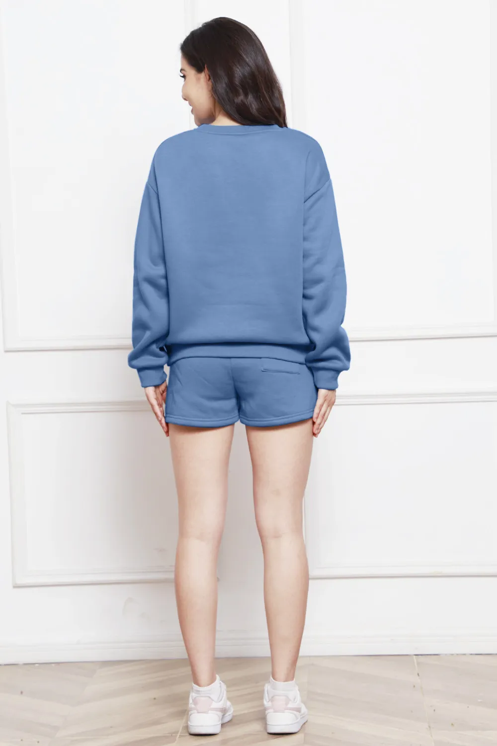 Round Neck Long Sleeve Sweatshirt and Drawstring Shorts Set, image 19