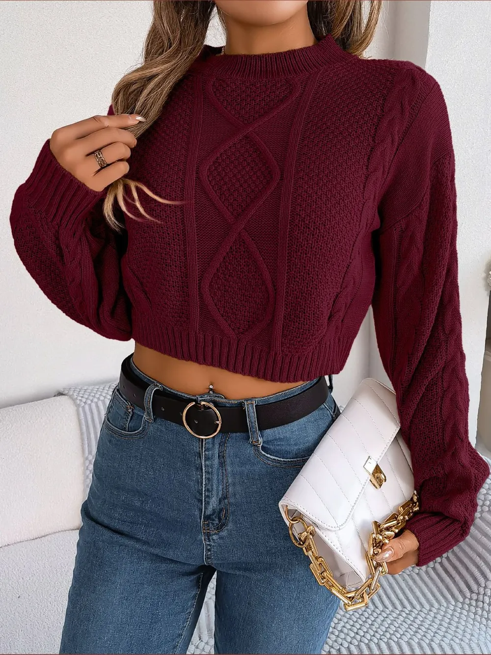 Cable-Knit Round Neck Cropped Sweater, image 7