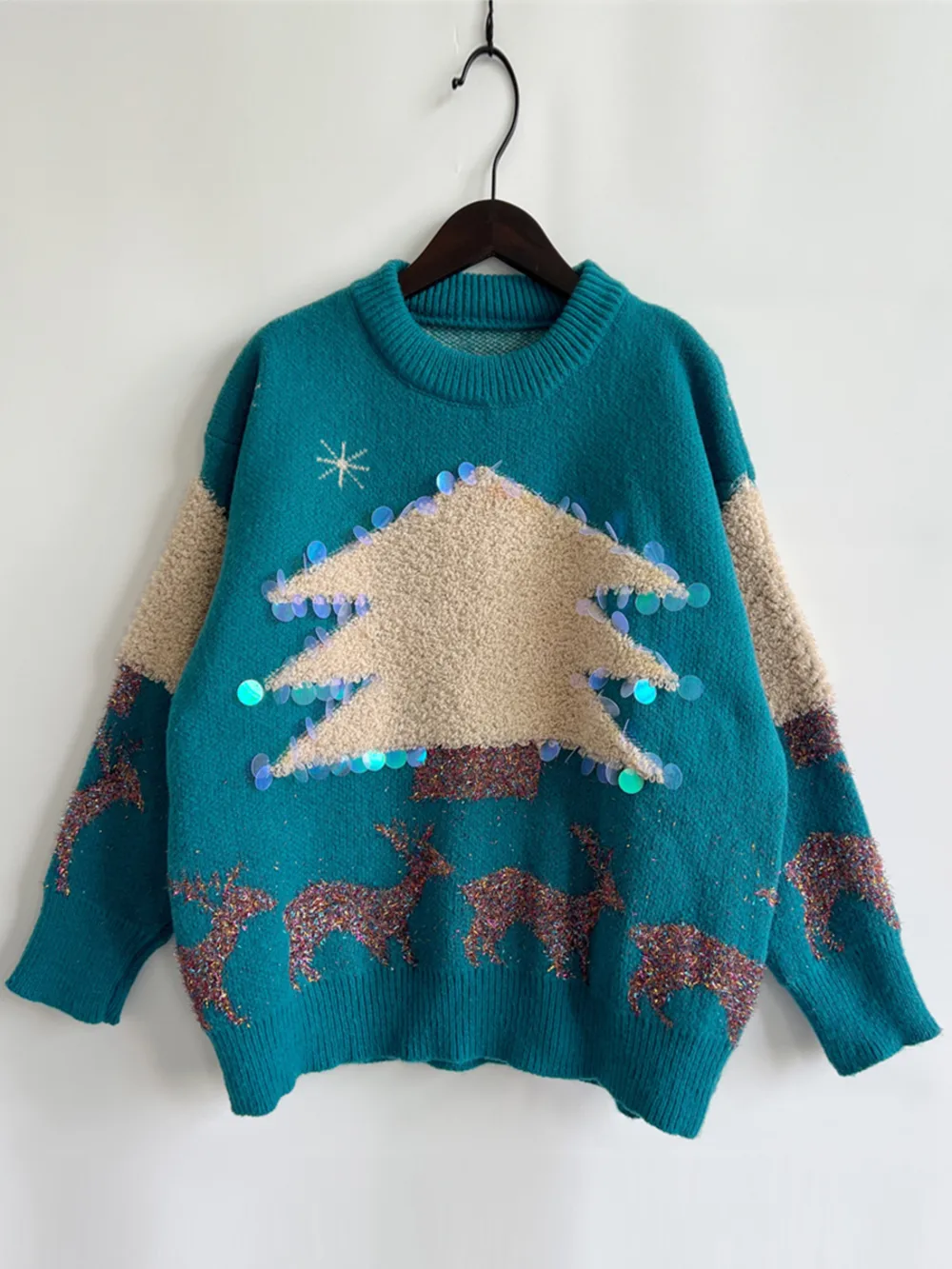 Sequin Christmas Tree & Reindeer Round Neck Sweater, image 5
