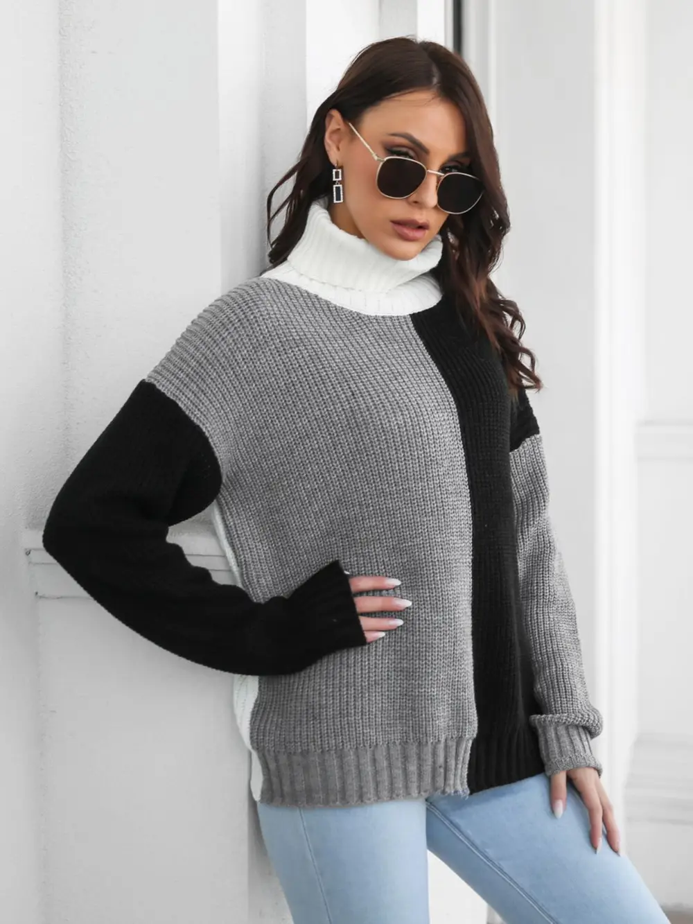 Contrast Turtleneck Long Sleeve Sweater, image 5