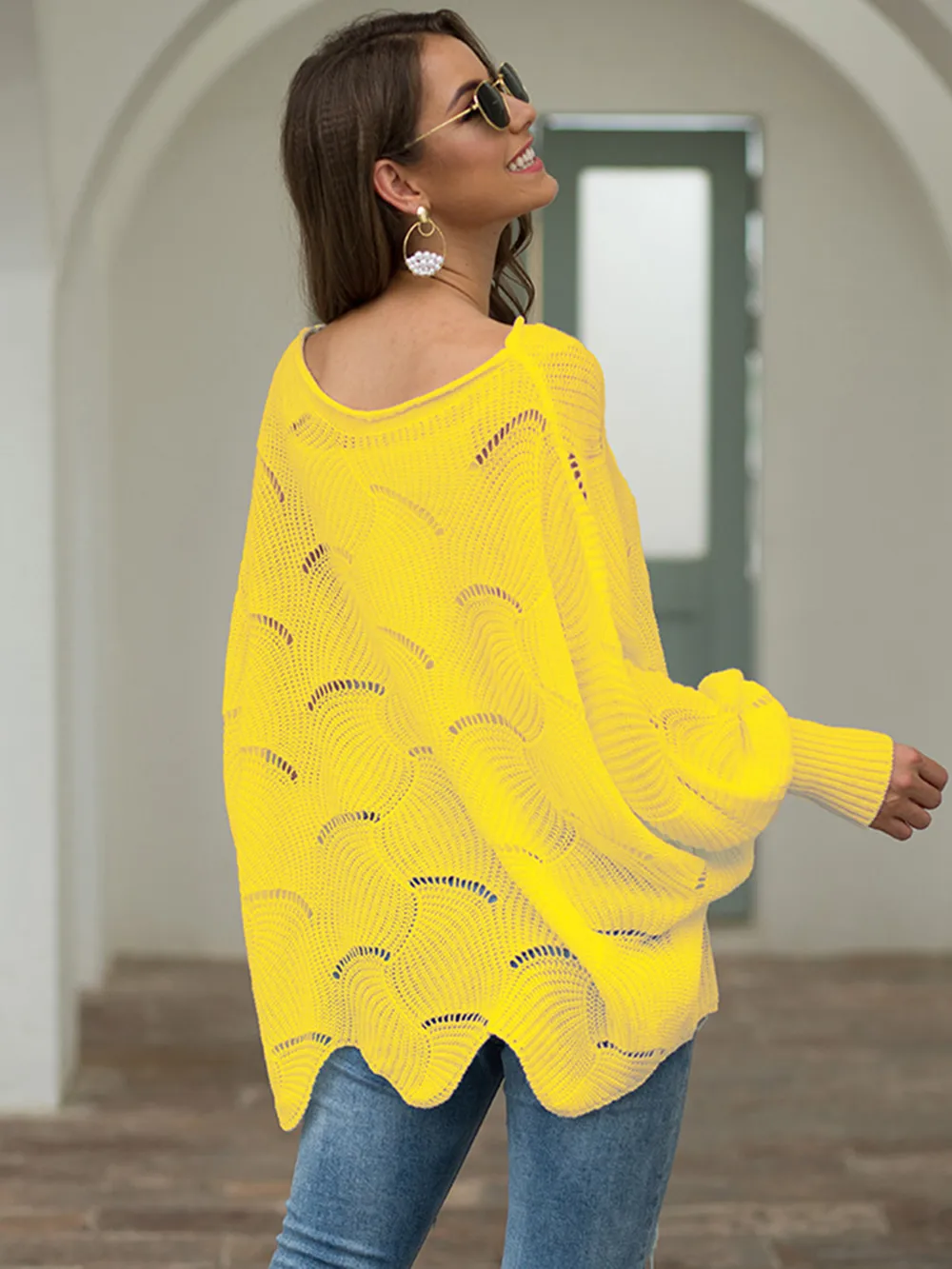 Full Size Boat Neck Lantern Sleeve Openwork Knit Top, image 8