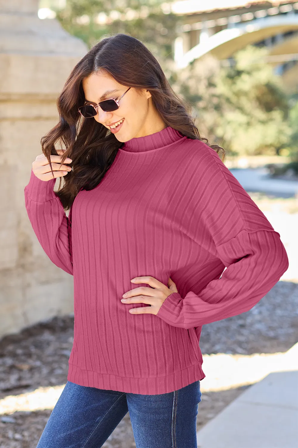 Full Size Ribbed Exposed Seam Mock Neck Knit Top, image 11