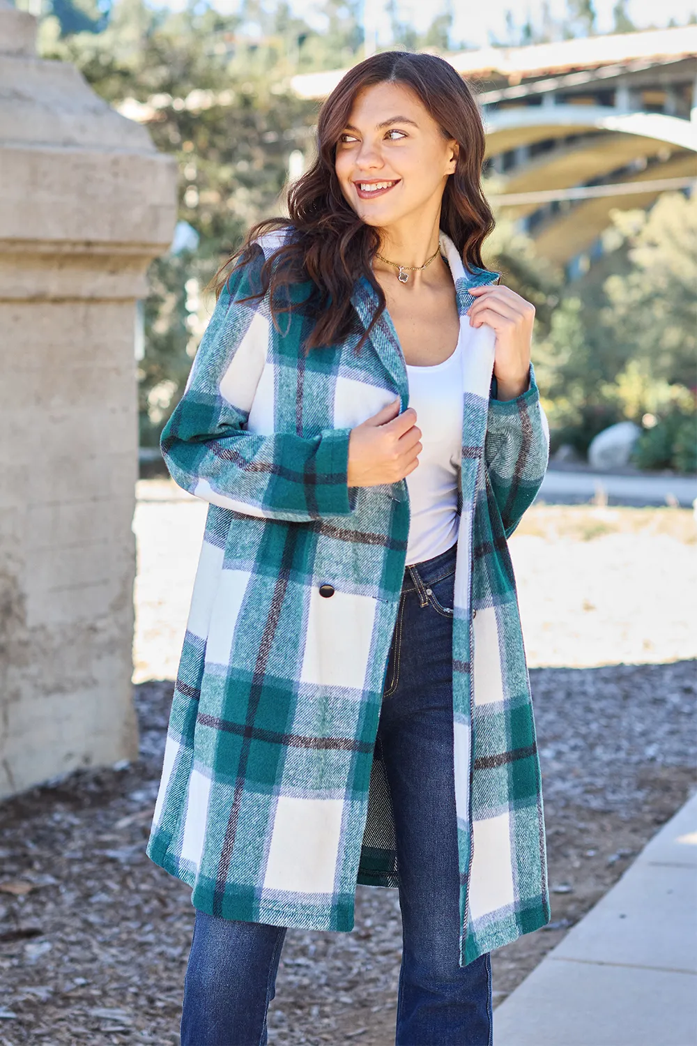Full Size Plaid Button Up Lapel Collar Coat, image 20