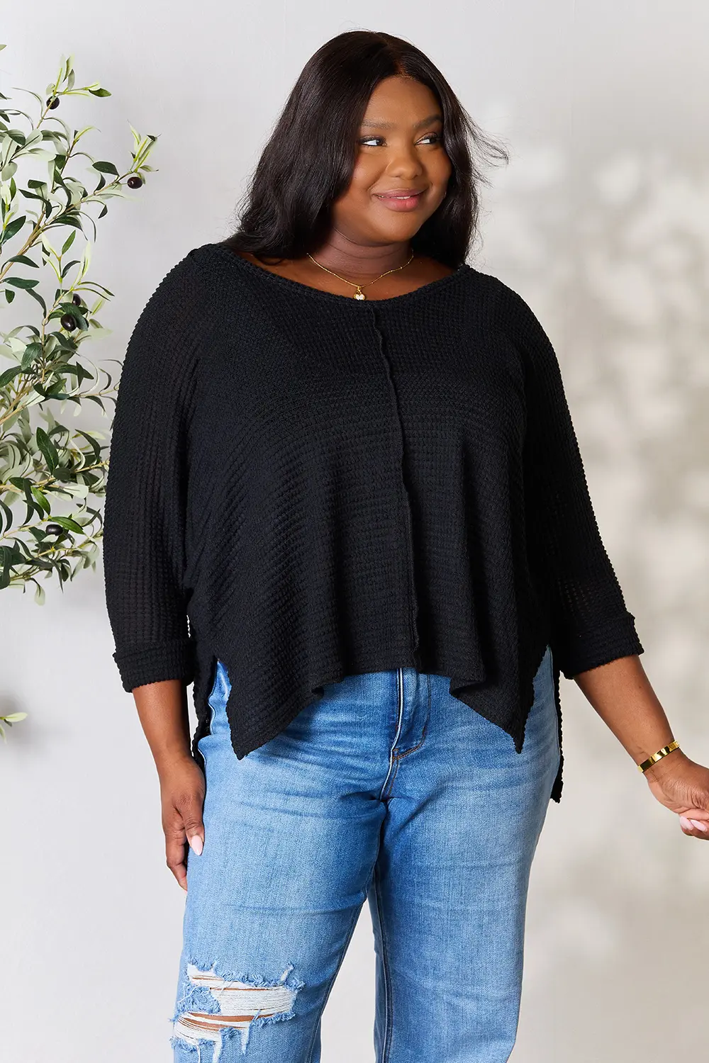 Full Size Round Neck High-Low Slit Knit Top, image 4