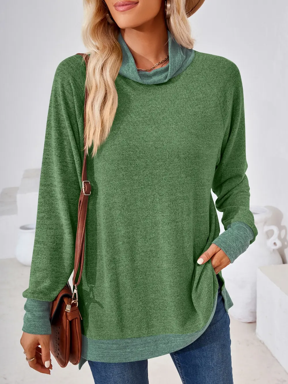 Contrast Mock Neck Long Sleeve T-Shirt, image 21
