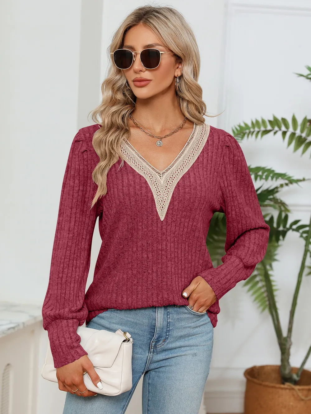 Lace Detail V-Neck Ribbed Blouse, image 7