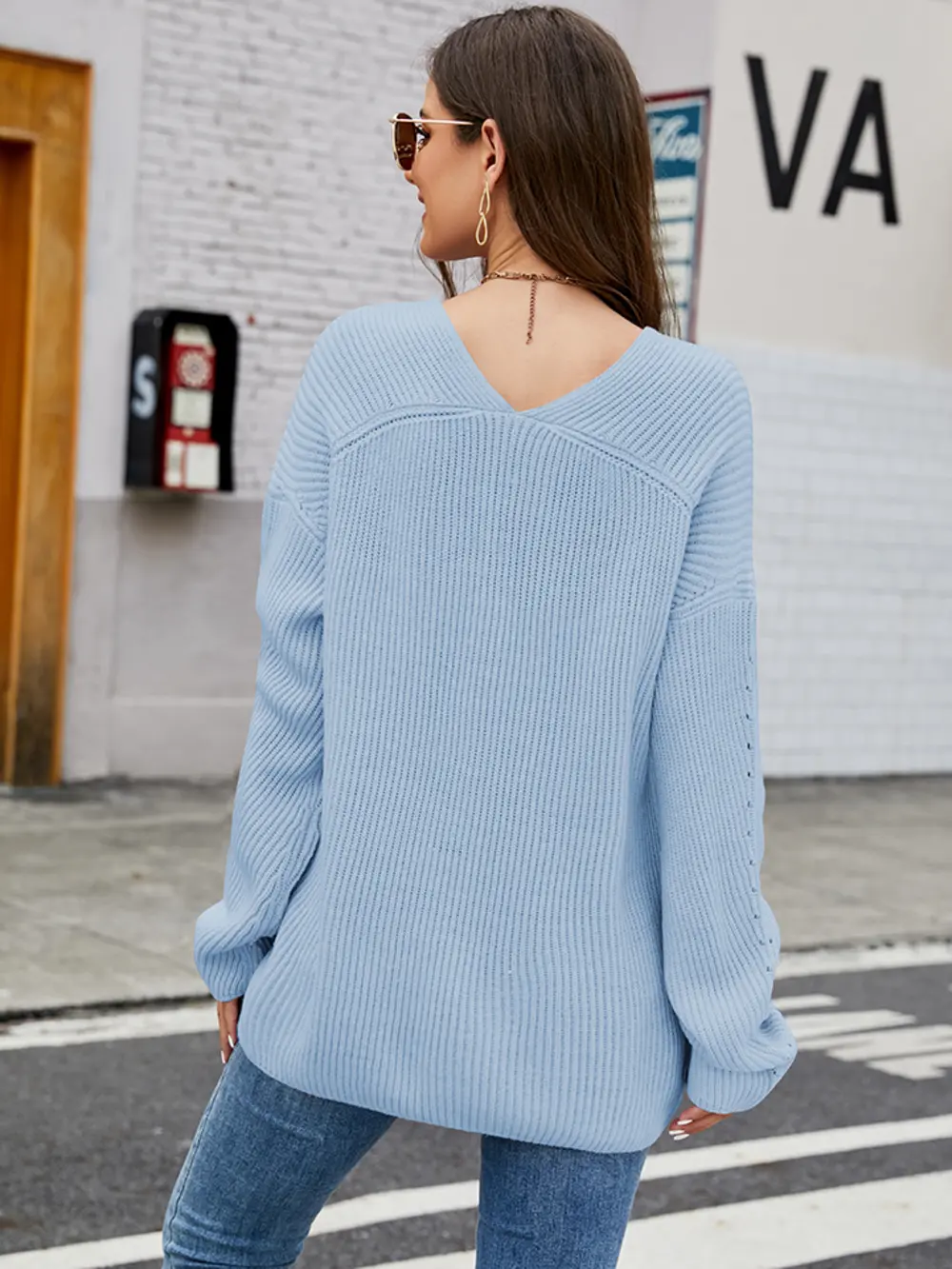 Openwork Dropped Shoulder Long Sleeve Sweater, image 3