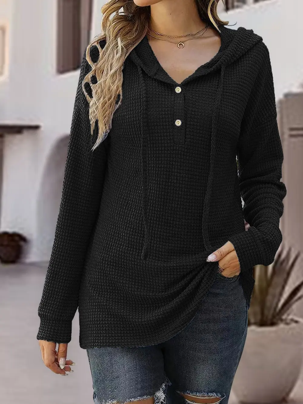 Half Button Up Drawstring Hoodie, image 17