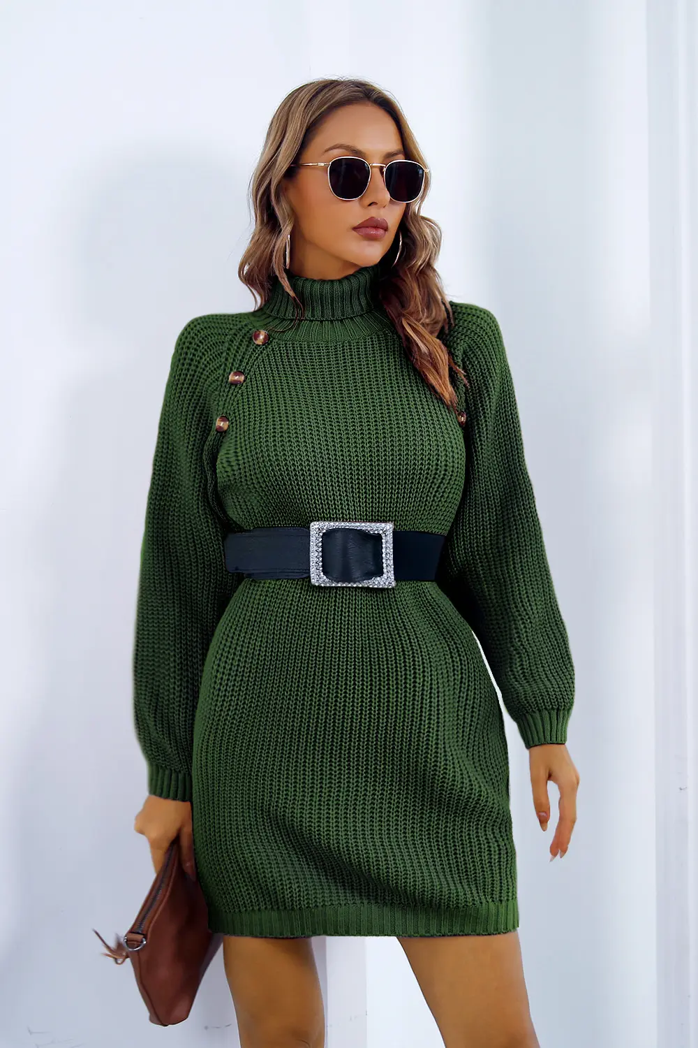 Buttoned Turtleneck Long Sleeve Sweater Dress, image 4