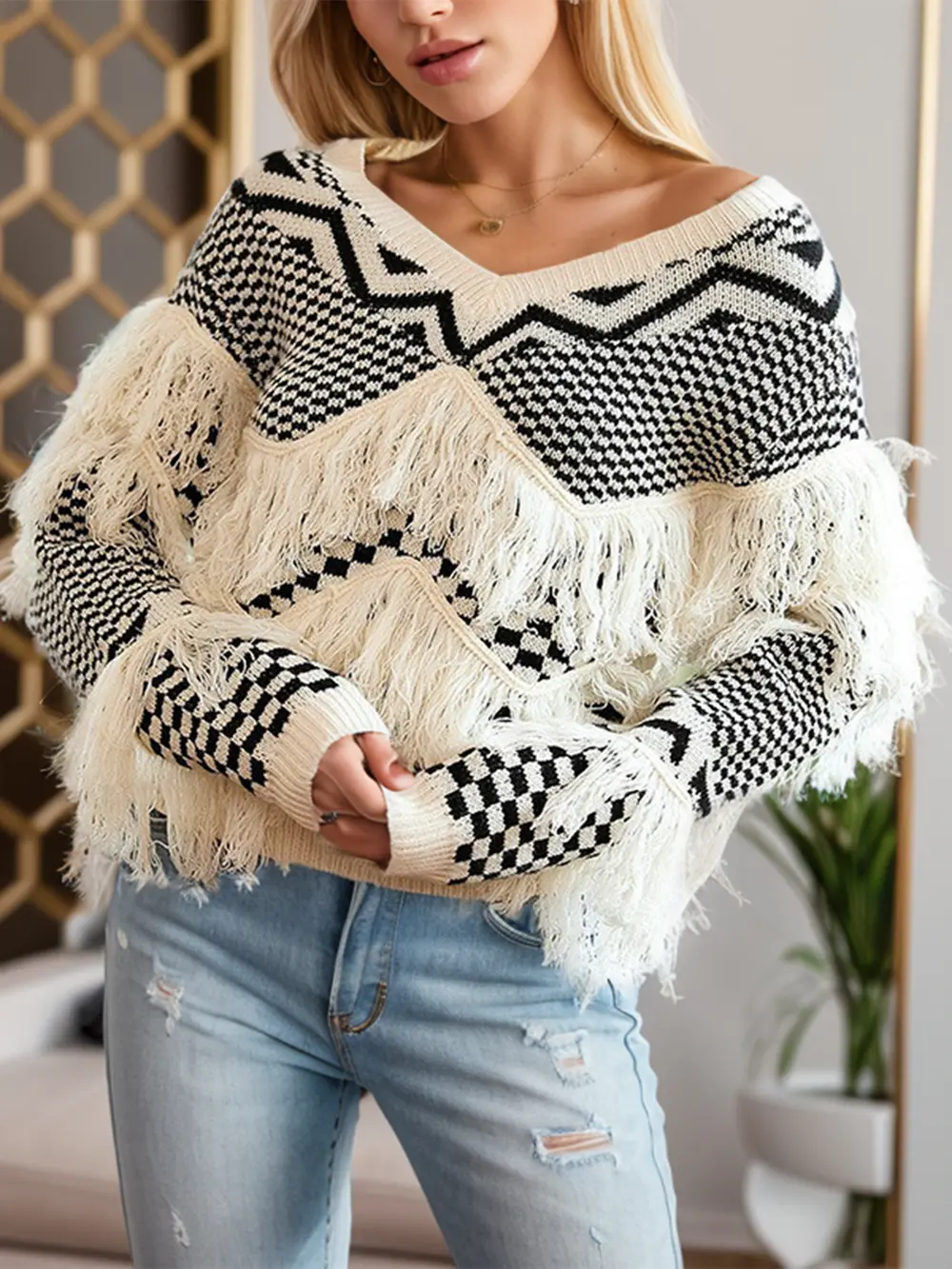 Geometric Fringe Detail V-Neck Sweater, image 3