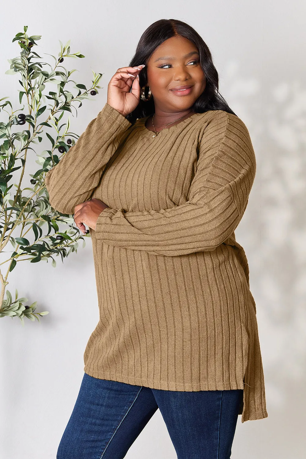 Full Size Ribbed Round Neck Long Sleeve Slit Top, image 23