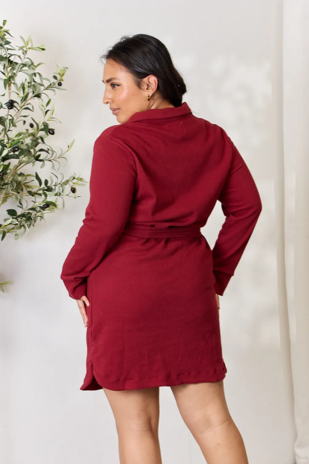 Full Size Tie Front Half Zip Long Sleeve Shirt Dress, image 2