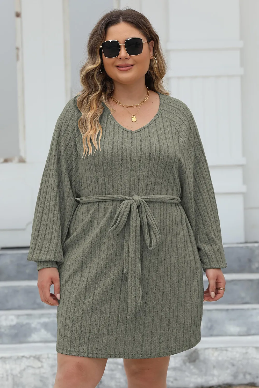Plus Size Ribbed Tie Front Long Sleeve Sweater Dress, image 5