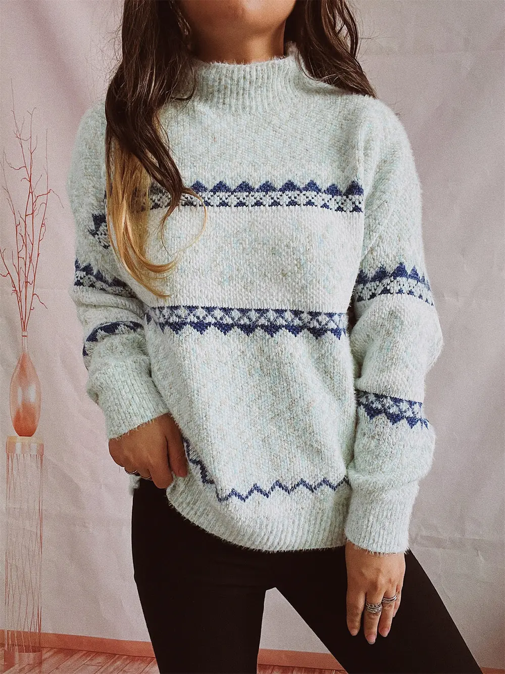 Geometric Mock Neck Dropped Shoulder Sweater, image 10