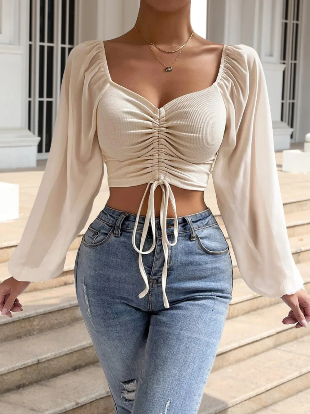 Drawstring Sweetheart Neck Cropped Top, image 23