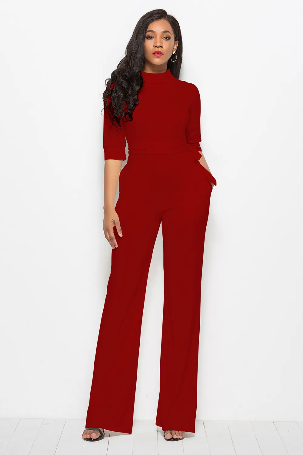 Mock Neck Tie-Waist Half Sleeve Jumpsuit, image 23